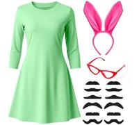 Canlierr 4 Pcs Halloween Character Role Play Costume, Pink Rabbit Bunny Ear Green Dress Red Cat Eyeglasses Fake Mustaches(X-Large)