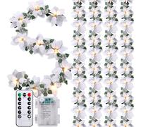 Canlierr 5 Pcs Prelit Poinsettia Winter Garland with Lights Glitter Holly Leaf Berry 6.5 Ft Lighted Garland Remote Timer 8 Modes Battery Operated for Wedding Indoor Outdoor Decor(White Silver)