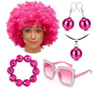 Canlierr 70s Disco Costume Accessories Set for Women, Afro Wig Disco Ball Earrings Necklace Bracelet Sunglasses for Halloween Party(Rose Red)