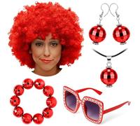 Canlierr 70s Disco Costume Accessories Set for Women, Afro Wig Disco Ball Earrings Necklace Bracelet Sunglasses for Halloween Party(Red)