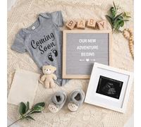 Canlierr 9 Pcs Pregnancy Announcement Set Pregnancy Reveal Ideas Felt Letter Board Baby Bodysuit Booties Photo Frame Bear Plush Wood Blocks for Coming Soon Baby Announcement(Gray)