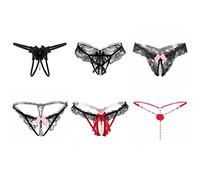CANMIYOU Pack of 6 Women's Lace Sexy Thongs, Open Briefs, Low Waist Open Crotch V-String Thongs, Perspective Panties with Pearls, Flowers Bows, Erotic Underwear for Adults, d