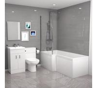 Cann L-Shaped LH Bath, Exposed Shower, White Basin Vanity, Taps, BTW Toilet