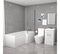 Cann L-Shaped RH Shower Bath, White Basin Vanity Unit & Close Coupled Toilet
