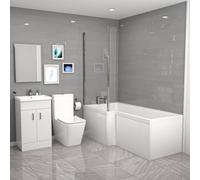 Cann L-Shaped RH Shower Bath, White Basin Vanity Unit & Close Coupled Toilet
