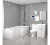 Cann L-Shaped RT Bath, Exposed Shower, White Basin Vanity, Taps, BTW Toilet
