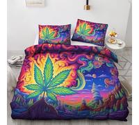 Cannabis Duvet Cover Double Bedding Set - Trippy Marijuana Weed Leaf Reversible Patterned Quilt Cover Set 3 pcs with Zipper Closure and 2 Pillowcases 50x75 cm, Soft Brushed Microfiber Bed Set