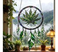 Cannabis Leaf Suncatcher Acrylic Dreamcatcher Window Hanging Panel | Plexiglass medallion with steel chains filters emerald sunbeams over lounge doors; shatterproof art token fits sunrooms.