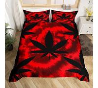 Cannabis Leaves Bedding Set Red Black Tie Dye Vintage Hohemia Bedding Set 135 x 200 cm Marijuana Weed Leaf Bedding Set for Children Teenagers 2 Pieces Zip Microfibre