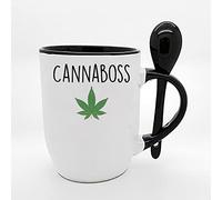 Cannaboss Leaf Marijuana Grower for Men, Women Coffee Tea Mug Unique Spoon Ceramic Mug. (Black Spoon)