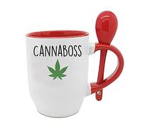 Cannaboss Leaf Marijuana Grower for Men, Women Coffee Tea Mug Unique Spoon Ceramic Mug. (Red Spoon)