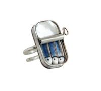 Canned Sardines Adjustable Ring, Porcelain Sardines, Fun Ring, Tin of Sardines, Tin of Sardines Ring, Tin of Sardines Necklace, Quirky Ring Necklace Ornament (Silver, Necklace)