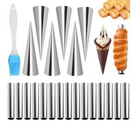 Cannoli Tubes Kit, 21Pcs Cannoli Form Tubes, Croissant Mold Non-Stick Cream Horn Cones Stainless Steel Big Screw Croissant Mould with Cleaning Brush Pastry Bag Cream Mouth for Danish Pastry