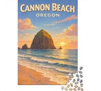 Cannon Beach Oregon Wall Art - Vintage Travel Poster Print - Haystack Rock Sunset Coastal Decor 1000 Piece Jigsaw Puzzle for Adults, 52x38cm/1000pcs, White Cardboard, Relaxing Indoor Activity And Quie