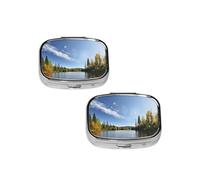 Canoe On Lake Pill Box 2 Compartment Medicine Pill Case,Travel Pill Organizer, Small Metal Pill Case Portable Pill Box, Perfects Gift for Anyone in Need
