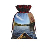 Canoe on Lake -Print Burlap Drawstring Bags Plaid Design, Eco-Friendly Party Favors Packaging For Christmas Birthday.
