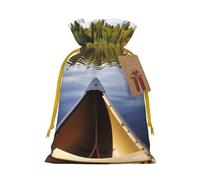 Canoe on Lake Printed Christmas Drawstring Bags,S | Reusable Xmas Gift Storage Bags, Yellow Christmas Ribbon