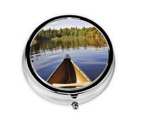 Canoe on Lake Printed Round Pill Organizer with 3 Compartments, Portable Mini Pill Box Pill Case for Medicine, Vitamin, Fish Oil, Supplements