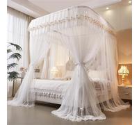 Canopy Bed Curtains with Sliding Rail frame- U-Shape Extra High 210cm 2-Layer Sheer Drapes with Floral Lace & DIY Tiebacks - Airy Breathable Bed Canopy Romantic Bedroom Decor(White,King/2x2.2M)
