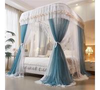 Canopy Bed Curtains with Sliding Rail frame- U-Shape Extra High 210cm 2-Layer Sheer Drapes with Floral Lace & DIY Tiebacks - Airy Breathable Bed Canopy Romantic Bedroom Decor(Blue,FULL/1.5x2M)