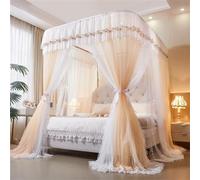 Canopy Bed Curtains with Sliding Rail frame- U-Shape Extra High 210cm 2-Layer Sheer Drapes with Floral Lace & DIY Tiebacks - Airy Breathable Bed Canopy Romantic Bedroom Decor(Yellow,Cal.King/1.8x2.2M)