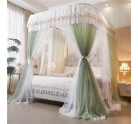 Canopy Bed Curtains with Sliding Rail frame- U-Shape Extra High 210cm 2-Layer Sheer Drapes with Floral Lace & DIY Tiebacks - Airy Breathable Bed Canopy Romantic Bedroom Decor(Green,Twin XL/1.2x2m)