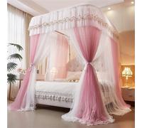 Canopy Bed Curtains with Sliding Rail frame- U-Shape Extra High 210cm 2-Layer Sheer Drapes with Floral Lace & DIY Tiebacks - Airy Breathable Bed Canopy Romantic Bedroom Decor(Pink,Cal.King/1.8x2.2M)