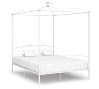 Canopy Bed Frame White Metal Plywood 160x200 cm. Sturdy High Frame Slatted Base [EEK: A]