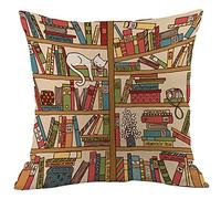 CANSEGO Cat Book Cushion Covers Cartoon Library Bookshelf with Cute Sleeping Kitten Square Pillowcases Cotton Linen Throw Pillow for Women Men Boys Girls Bed 18x18 Inch Multi-a21