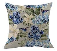 CANSEGO Floral Throw Pillow Cover Spring Plant Blue White Flowers Hydrangea Hibiscus Iris Bird Green Leaf Pillowcases Home Decorative Cotton Linen Pillow Cushion for Sofa Chair 18x18 Inch