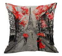CANSEGO Paris Pillowcases Lovers Kiss in France Street Red Umbrella Leaves Eiffel Tower Valentine's Day Throw Pillow Cushion Covers Cotton Linen for Men Women Boys Girls Living Room 18x18 Inch