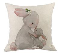 CANSEGO Rabbit Pillow Covers Cases Cute Animal Hare Mom with Little Grey Bunny Flower Leaves Throw Pillow Cushion Cotton Linen 18x18 Inch Home Decor Couch Desk Bedroom
