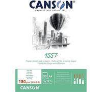 CANSON 1557 180gsm A4 White Drawing Paper Pad, Light Grain, Glued Short Side, 30 Extra White Sheets, For Professional Artists & Students