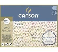 CANSON Aquarelle Watercolour Cold Pressed 300gsm Paper, Block Glued 4 Sides, 23x31cm Natural White 20 Sheets, Ideal for Professional Artists