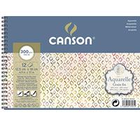 CANSON Aquarelle Watercolour CP 300gsm 12.5x18cm Natural White 12 Sheets | Cold Pressed Paper, Spiral Pad Short Side, For Professional Artists