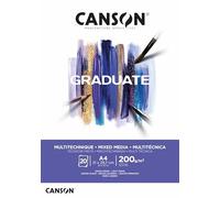 CANSON Graduate Mixed Media 200gsm A4 Paper, Light Grain, Pad Glued Short Side, 20 Bright White Sheets, Ideal for Student Artists