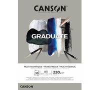 CANSON Graduate Mixed Media 220gsm A3 Paper, Double Sided: Grained And Smooth, Pad Glued Short Side, 30 Grey Sheets, Ideal for Student Artists
