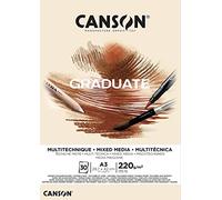 CANSON Graduate Mixed Media 220gsm A3 Paper, Double Sided: Grained And Smooth, Pad Glued Short Side, 30 Natural Sheets, Ideal for Student Artists