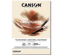 CANSON Graduate Mixed Media 220gsm A4 Paper, Double Sided: Grained And Smooth, Pad Glued Short Side, 30 Natural Sheets, Ideal for Student Artists