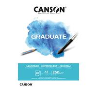 CANSON Graduate Watercolour 250gsm A3 Paper, Cold Pressed, Pad Glued Short Side, 20 Natural White Sheets, Ideal for Student Artists