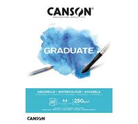 CANSON Graduate Watercolour 250gsm A4 Paper, Cold Pressed, Pad Glued Short Side, 20 Natural White Sheets, Ideal for Student Artists