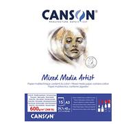 CANSON Mixed Media Artist Pad, 600gsm, A3 Glued Pad, 15 Sheets, Ideal for Professional Artists & Students