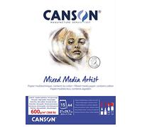 CANSON Mixed Media Artist Pad, 600gsm, A4 Glued Pad, 15 Sheets, Ideal for Professional Artists & Students