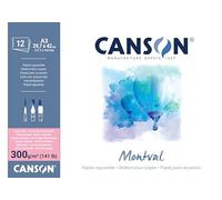 CANSON Montval Watercolour Pad, Satined, Glued on One Side, 300 g/m², 12 Sheets, A3 Full Format 29.7 x 42 cm, White