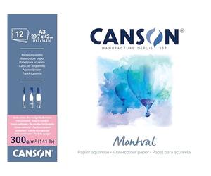 CANSON Montval Watercolour Pad, Satined, Glued on One Side, 300 g/m², 12 Sheets, A3 Full Format 29.7 x 42 cm, White