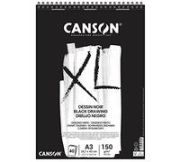 CANSON XL Black Drawing 150gsm A3 Paper, Double Sided: Grained & Smooth, Spiral Pad Short Side, 40 Black Sheets, Ideal for Professional Artists & Illustrators