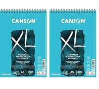 CANSON XL Watercolour 300gsm A5 Paper, Cold Pressed, Spiral Pad Short Side, 20 White Sheets, Ideal for Professional Artists (Pack of 2)