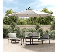 Cantilever Parasol 350cm Sand Polyester Canopy Solar 24 LED Tilt Crank With Base