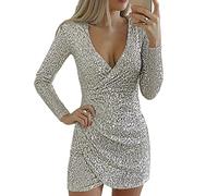 Cantissa Women's Fashion Sexy Solid Color Long Sleeve Short Sheath Mini Dress Shiny Ladies Skirt Sequin Cocktail Party Birthday Christmas Halloween Deep V Silver, XL