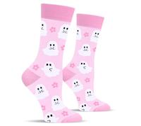 Cantustime Funny Pink Halloween Socks for Women Ladies & Teen Girls - Ghost Spooky Fun Cute Womens Novelty Crazy Funky Dress Crew Socks - Halloween Gifts Stockings Costumes